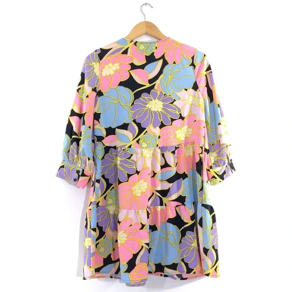 Who What Wear Outline Vintage Floral Watercolor Print Tiered Dress XS
